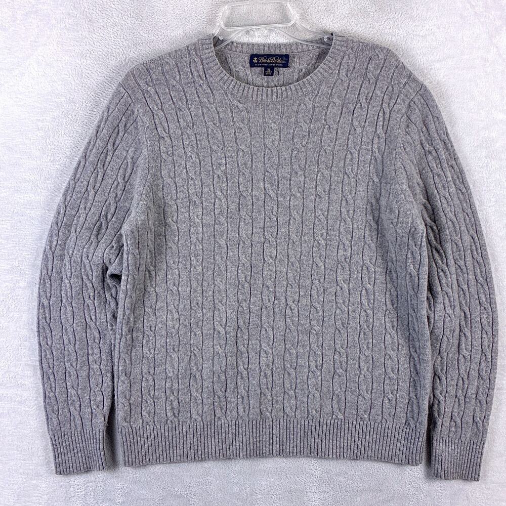 Brooks Brothers Sweater Mens XL (L) Gray Cable Knit Lambs Wool Preppy Slim Fit